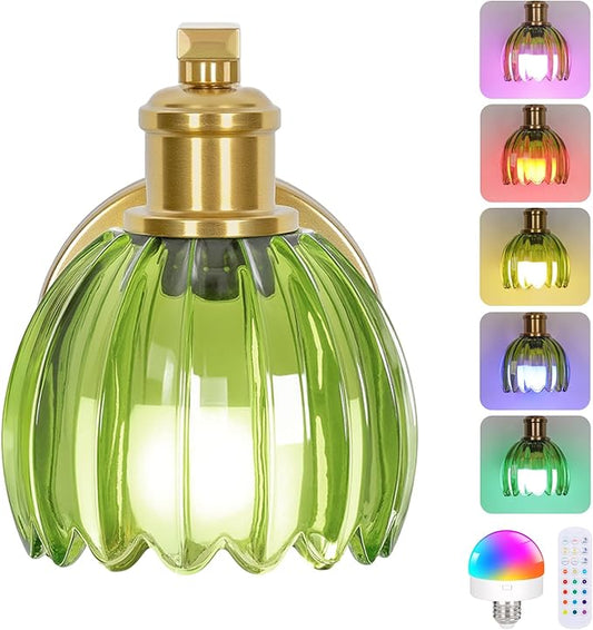 VerRon Rechargeable Battery Operated Wall Sconce with Green Glass Lampshade, Wireless Wall Scone Decor with Remote Control, 15 Colors Gold Wall Light for Bedside Hallway Bedroom Doorway