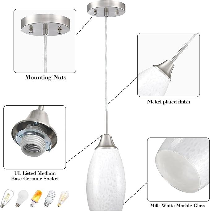 Viinew Mini Glass Pendant Light 4.72" with Handblown Milk White Marble Art Glass Hanging Light 1-Pack Oval Ceiling Hanging Light Fixture for Dining Room Kitchen Island Cafe Foyer Hallway