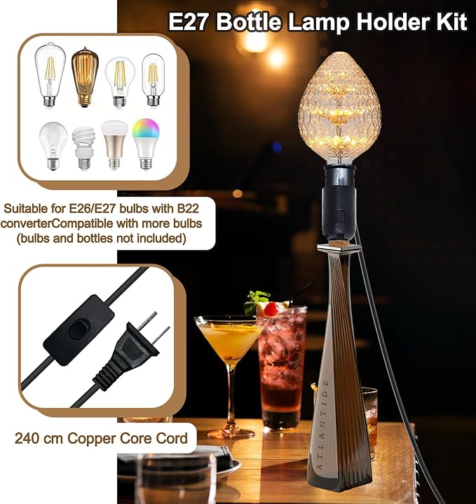 2 PCS Bottle Lamp Kit, DIY Wine Bottle Lamp for Liquor Bottle, Lamp Kits Do it Yourself Lamp Fittings Kit for Table Lamp Includes 3 Sizes of Stoppers and 2 E27 to B22 Adapter Converter
