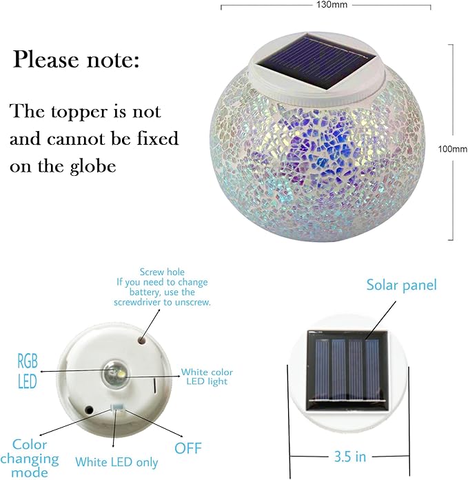 Solar Powered Color Changing Mosaic Crackle Glass Table Lamp - Waterproof LED Night Light for Bedroom, Yard, Patio, Halloween, Christmas Decorations (Crackle Glass, White)