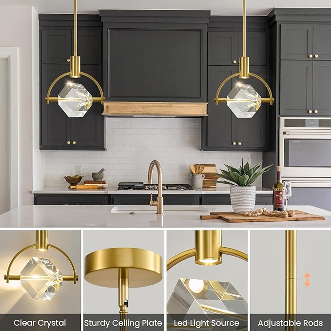 Modern Crystal Led Pendant Light: Semicircle K9 Crystals Hanging Lighting Over Kitchen Island - Brushed Gold Dimmable Pendants Light - Contemporary Pendant Lights Fixture for Sink Bedroom Bathroom