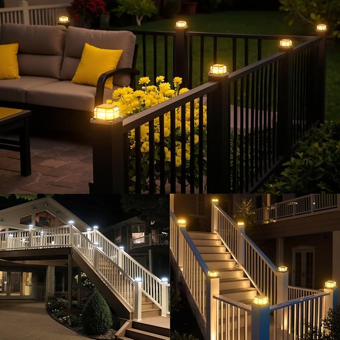 Solar Post Light 8 Packs with 4x4, 5x5 and 6x6 Inches Base for Vinyl/Wooden Posts, Bright 16 LEDs Solar Cap Lights with Two Light Modes for Decorating Deck, Patio, Porch, Fence (Black)