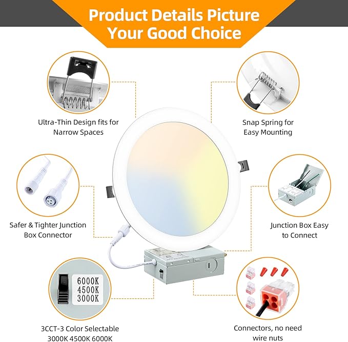 LZHOME 8 Inch LED Recessed Lighting with Junction Box Ultra-Thin, 3000K/4500K/6000K Selectable, 8" Dimmable Canless LED Downlight, 1800LM CRI80 High Brightness 5%-100% Recessed Light (1 Pack)