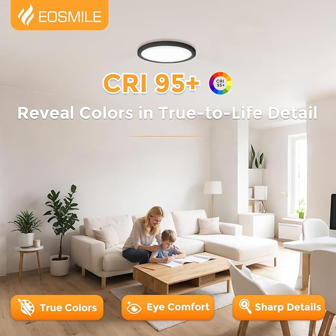 15.8 Inch LED Flush Mount Ceiling Light, 35W, 4200LM, CRI 95+, 2700K-5000K 5Color Selectable & Dimmable, Black Thin Flat Surface Mount Lights for Bedroom, Living Room, Dining Room, Garage