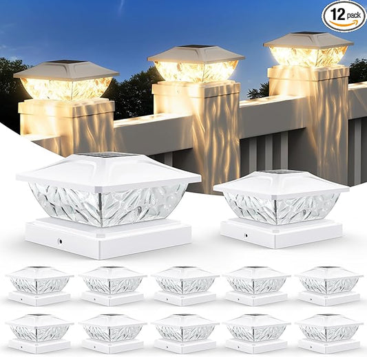 12 Pack Solar Post Cap Lights, 2 Modes Bright Solar Post Lights Outdoor Waterproof, Outdoor Post Lights Solar Powered Deck Lights for 4x4 4.5x4.5 5x5 Posts for Garden Decor