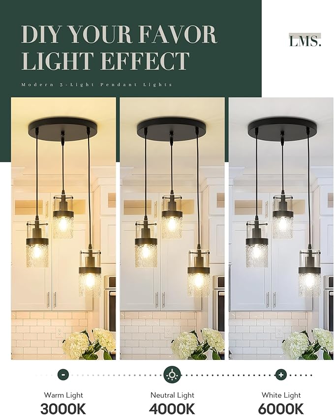 LMS Black 3-Light Pendant Fixtures, Adjustable Kitchen Hanging Light Fixture, Cluster Pendant Lights, LMS-188
