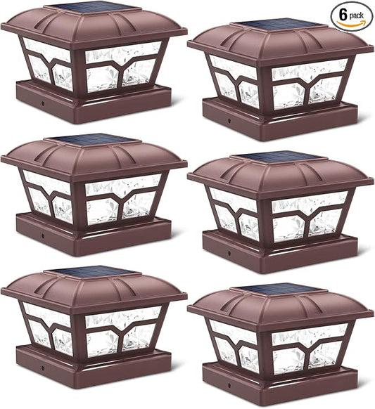 SIEDiNLAR Solar Post Cap Lights Outdoor 2 Color Modes 8 LEDs for 4x4 5x5 6x6 Posts Fence Deck Patio Decoration Warm White & Cool White Lighting Brown (6 Pack)