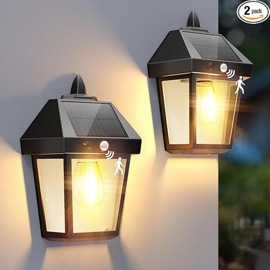 DERAYSION Solar Porch Lights Outdoor, 9 Inch Solar Wall Lanterns with Motion Sensor, 3 Mode Adjustable Brightness Waterproof Outdoor Solar Lights for Porch Door Patio Fence Garage -2 Pack