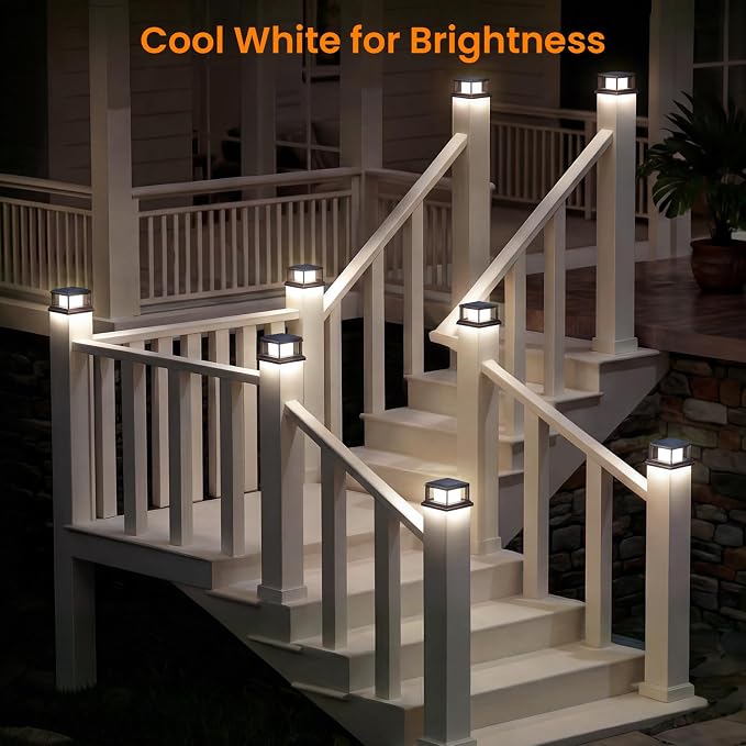 Mlambert 8 Pack Solar Post Lights Outdoor, 2 Modes LED Fence Cap Light for 4x4 Post, Waterproof Deck Light Patio Garden Decor, Warm/Cool White, Brown