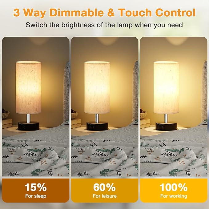 PartageiZ Small Touch Lamps Set of 2 - Table Lamps for Nightstand, Minimalist Bedside Lamps for Bedroom with 3000K Dimmable Bulbs