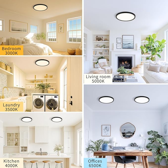 8.6 Inch 6PK LED Flush Mount Ceiling Light, ETL ,18W, 1822LM, 3000K/3500K/4000K/5000K/6500K CCT Selectable, 0.66in Ultra Thin Round Flat Panel Ceiling Light Fixture for Bedroom, Kitchen, (Black)