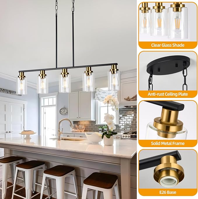 Dining Room Light Fixture,5-Light Farmhouse Linear Chandeliers for Dining Room Over Table，Matte Black and Gold Finish Kitchen Island Pendant Lighting for Kitchen Island，Pool Table Light