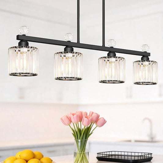 Lxybcce 32" Crystal Island Light for Kitchen Over Table, 4-Light Black Linear Pendant Light for Dining Room, Modern Ceiling Hanging Chandelier with Adjustable Height & Clear Crystal Shades, E26 Base