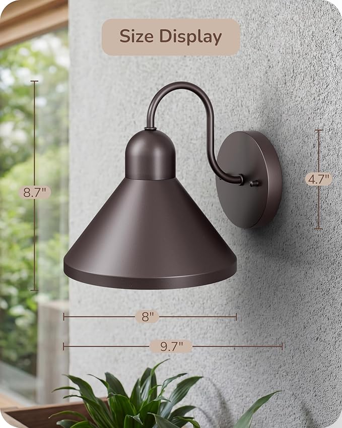EDISHINE 2 Pack Gooseneck Barn Light, 8IN Outdoor Wall Light Fixture, Farmhouse Outside Wall Sconce, Brown Wall Mount Lantern for Porch, Entryway, Garage