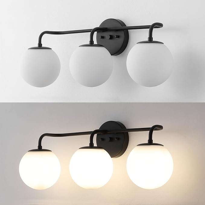 JONATHAN Y 25" Black Modern Globe Wall Sconce Vanity Light for Bathroom, White Frosted Glass Shade, Midcentury Parisian Bistro Wall Lamp, LED Bulb Included (JYL3536B)