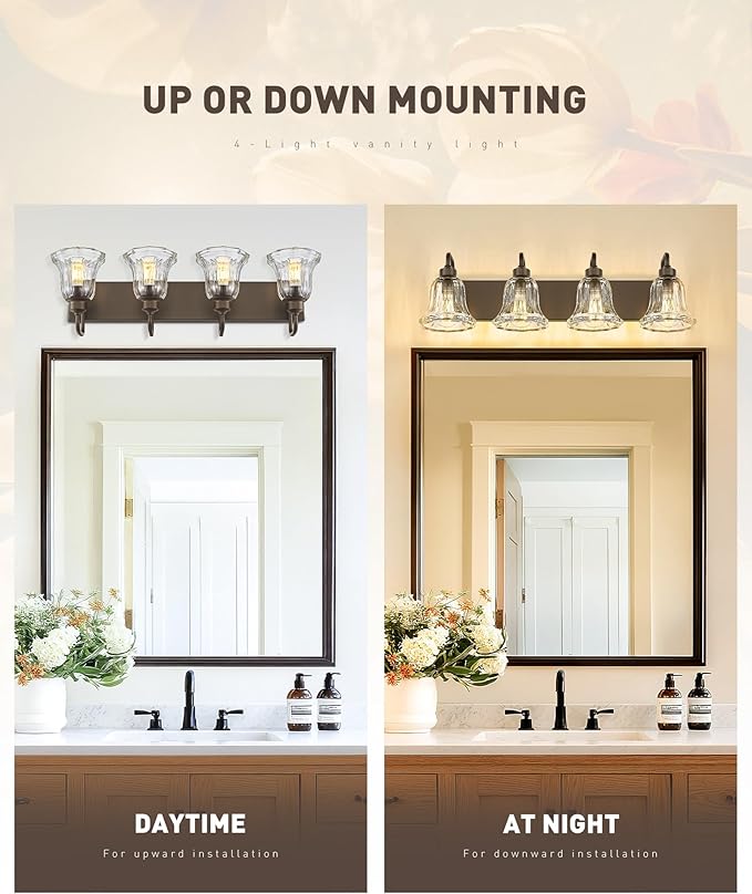 zeyu 4-Light Bathroom Vanity Lighting in Oil Rubbed Bronze Finish, Farmhouse Wall Mount Fixture Over Mirror with Clear Striped Glass, ZJX117B-4W ORB