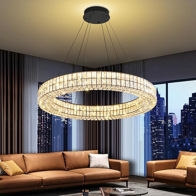 Modern Led Ring Chandelier Dimmable Crystal Chandelier for Living Room Dining Room 32 inch Black Adjustable Ring Pendant Light