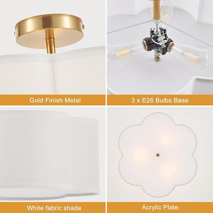 Modern Semi Flush Mount Ceiling Light Modern Gold 3-Lights Drum Ceiling Lighting Fixture Vintage Linen Golden Ceiling Lamp for Laundry Room, Kitchen, Basement, Dining Room, Bedroom