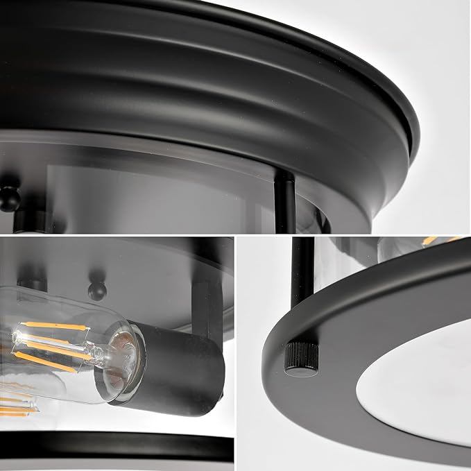 JONATHAN Y 13.25" Black 2-Light LED Flush Mount Ceiling Light Fixture, Modern Clear Glass Drum Shade, Industrial Farmhouse Lighting for Kitchen Hallway Bedroom (JYL7446D)