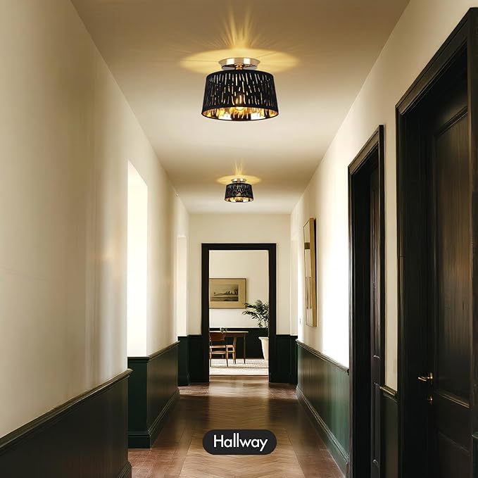 Modern Ceiling Light Fixture, 10 Inch Semi Flush Mount Lamp with Black Cut-Out Linen Shade, E26 Base, Gold for Kitchen Bedroom Hallway Closet Entryway Room Small Spaces