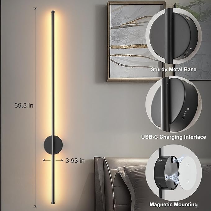 Battery Operated Modern Wall Sconces Set of Two,Rechargeable Wireless Wall Lights with Remote Control,Dimmable,3CCT,Timer,360°Rotation,Cordless Lighting for Bedroom,Living Room,Hallway,Black,39.3 Inch