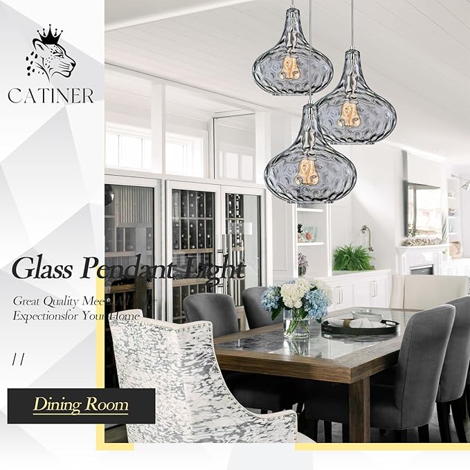 CATINER 11" Smoked Hammered Glass Pendant Light – Blown Glass Ceiling Fixture with Brushed Nickel Finish, Modern Industrial Lighting for Kitchen Island, Dining Room, Hallway, Living Room