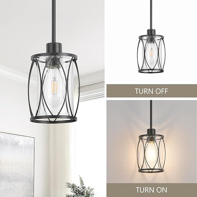 Glass Pendant Lights Kitchen Island Black Pendant Light Fixtures Adjustable Modern Mini Hanging Light with Clear Glass for Sink Dining Room Foyer Entryway Bar, 1 Pack