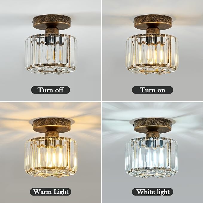 Piepooye 2 Pack Small Crystal Semi Flush Mount Ceiling Light Fixture Modern Bronze Mini Round Chandelier Metal E26 Ceiling Lamp for Hallway Bathroom Entryway Kitchen Closet