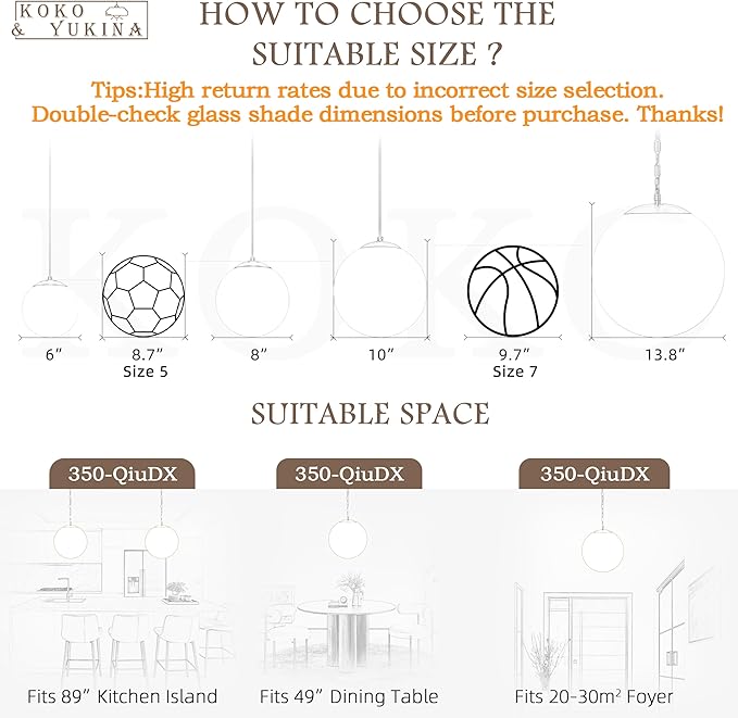 KoKo&Yukina 14" Black Globe Pendant Light Mid Century Pendant Light Milk Glass Pendant Lights Kitchen Island Adjustable Hanging Light Fixture for Dining Room Bedroom Kitchen Island