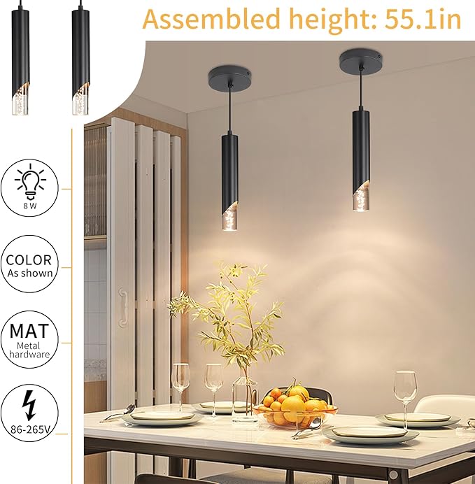 Minimalist Kitchen Island Pendant Lights, Black Modern Linear Hanging Light Fixture, Bubble Acrylic, Adjustable 2700K/4500K/6500K, LED Ceiling Lighting for Dining Room, Bedside, Bathroom, Bar