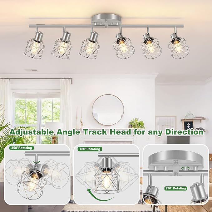 6-Light Brushed Nickel Multi-Directional Semi Flush Mount Ceiling Light, Kitchen Light Fixtures Ceiling Mount, Modern Metal Cage Close to Ceiling Lamp for Dining Room Hallway Entryway
