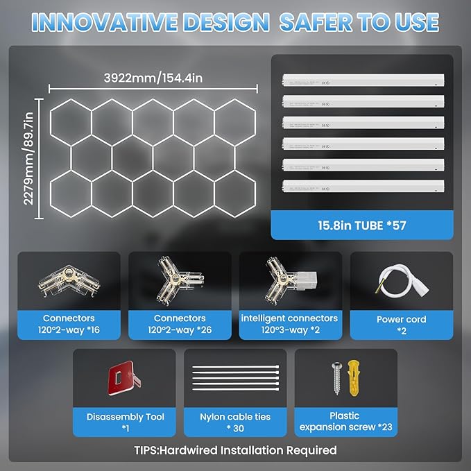 Hexagon Garage Light 370W 44460LM 6500K Ultra Bright LED Shop Lights with 14 Pack for Car Detailing, Warehouse, Workshop, Basement, Gym Lighting