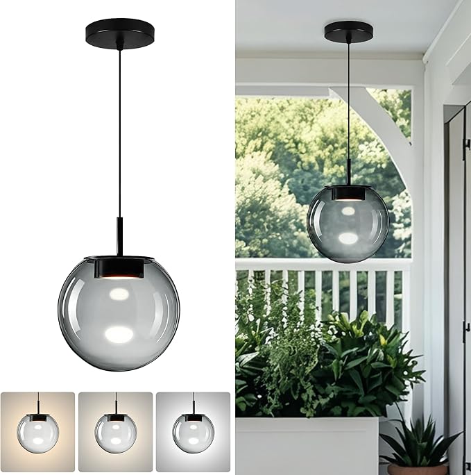 Advanced 3CCT Smoke Glass Pendant Light, Built-in LED Panel for Ultra-Even, Glare-Free Lighting, Modern Design and Stylist Fixture for Kitchen Island, Dining Table and Bedside(7.9in, 1-Pack)