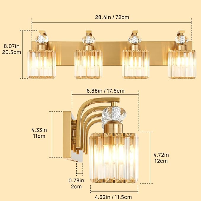 Modern Bathroom Vanity Light, 4-Light Gold Bathroom Lighting Fixtures Over Mirror, 28.4" Crystal Wall Light Sconce for Bathroom/Bedroom/Vanity, Includes LED Bulbs, Easy Installation