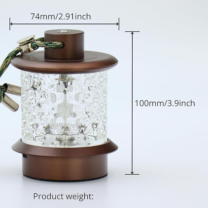 HAPYGI Portable Lantern Table Lamp - Dimmable Cordless Night Light with 3 Color Temperatures, Rechargeable Metal & Glass Outdoor Indoor Lamp for Patio Bedroom Bathroom Decor (Coffee)