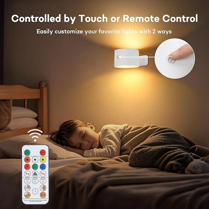 Lightess Battery Operated Wall Sconce Set of 2, 19 Colors Dimmable Wall Lights for Bedroom, 5000mAh Rechargeable Cordless Wall Lamps for Bedroom Hallway, White
