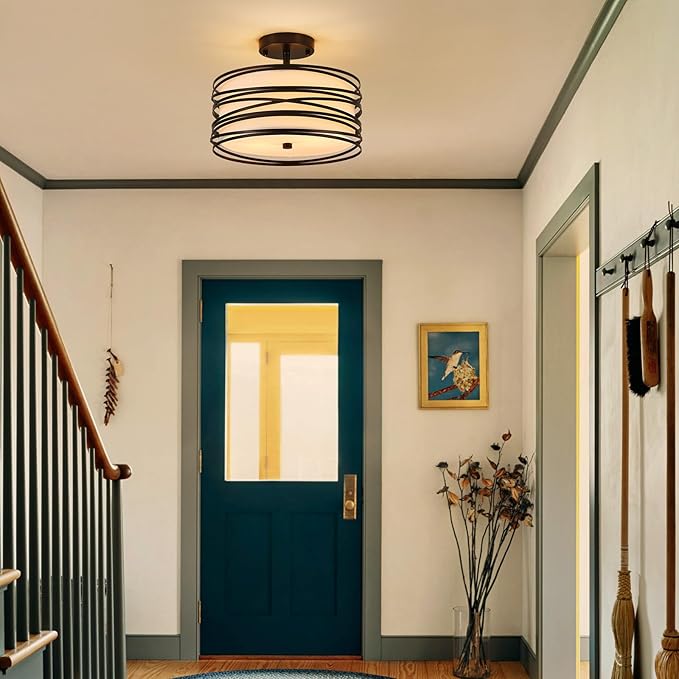 Drum Semi Flush Mount Ceiling Light Fixture, Black Matal & Linen Fabric Shade Ceiling Light, Modern Farmhouse Close to Ceiling Light for Bedroom, Hallway, Entryway, Dining Room, Laundry Room