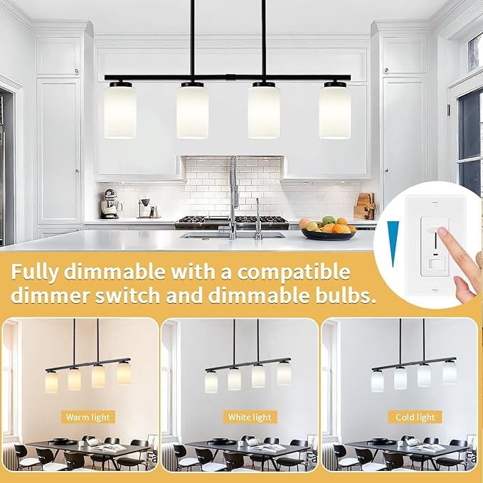 Modern Island Lights for Kitchen, Black Dining Room Light Fixtures, 4-Light Farmhouse Linear Chandeliers Over Table White Frosted Glass Adjustable Hanging Light Kitchen Pendant Lighting Over Island