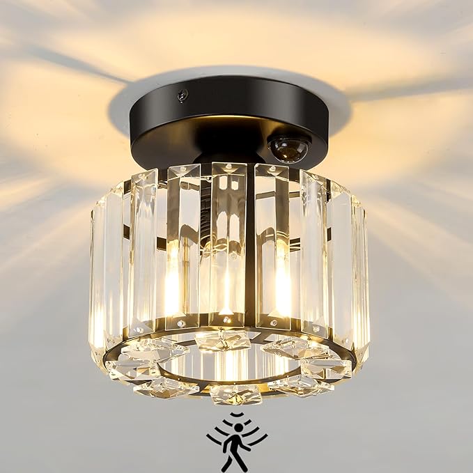 Indoor Motion Sensor Ceiling Light Fixture Modern Small Crystal Semi Flush Mount Ceiling Light Black Mini Round Chandelier for Hallway Closet Entryway Bathroom Kitchen