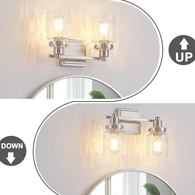 2 Lights Bathroom Light Fixtures Farmhouse Brushed Nickel Vanity Lights for Bathroom Lighting Fixtures Over Mirror with Hammered Glass Lampshade for Cabinet Mirror Bedroom Hallway