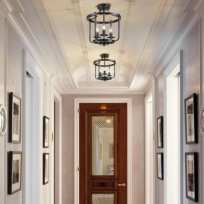 Farmhouse Semi Flush Mount Ceiling Light Fixtures, Industrial Rustic Ceiling Lamp Metal Cage Hallway Light Fixtures(3-Light Black Finish)