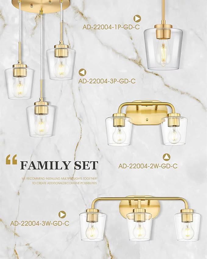 Pendant Lights Kitchen Island 2 Pack, 6" Brushed Gold Hanging Lights Fixtures with Clear Glass Shade, Modern Brass Kitchen Pendant Lighting Over Island for Dining Room, AD-22004-1P2-GD-C