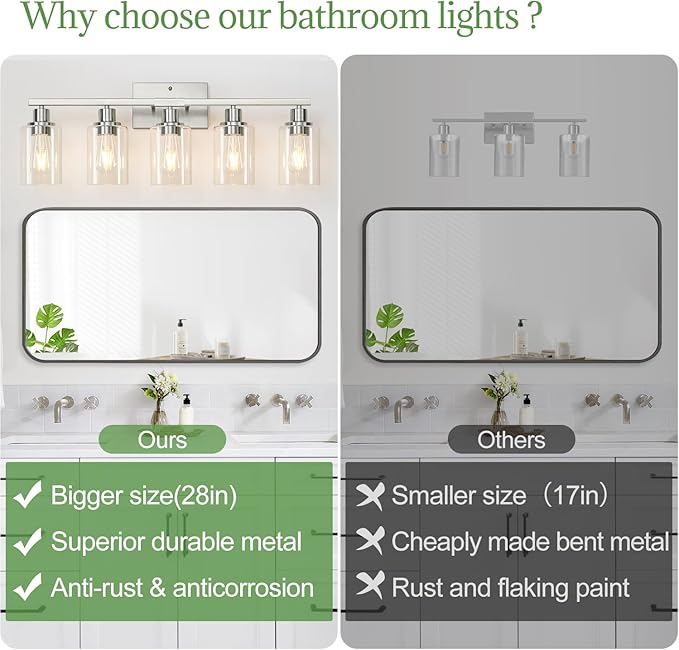 MOKATNG 5-Light Bathroom Light Fixtures, Vanity Light with Clear Glass Shades, Brushed Nickel Bathroom Light Fixtures Over Mirror, Modern Bathroom Wall Lamp for Mirror Living Room Cabinet Bedroom