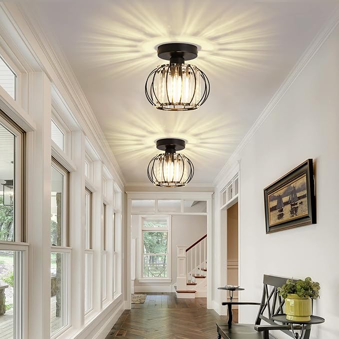 YYJLX 2 Pack Semi Flush Mount Ceiling Light Fixture Modern Small Crystal Chandelier Mini Indoor Ceiling Lamp for Bathroom Hallway Foyer Porch Hall Closet（Black）