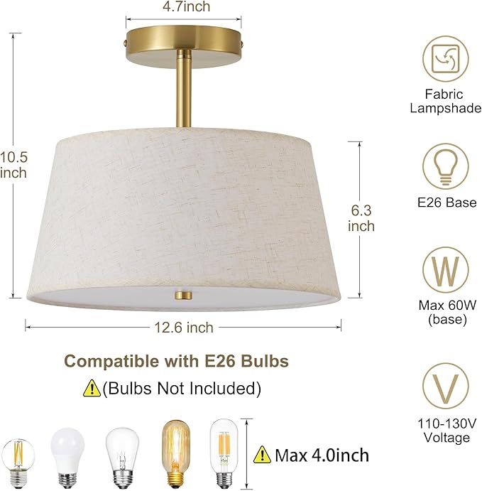 12.6" Gold Semi Flush Mount Ceiling Light Fixture, Modern Close to Ceiling Light with Fabric Lamp Shade for Bedroom Hallway Nursery Living Room Kitchen Island(T-Shape Gold)