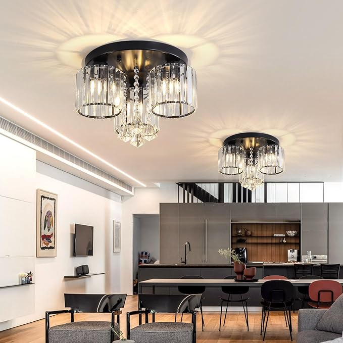 Black Farmhouse Ceiling Light for Bedroom, 3-Lights Crystal Chandelier Lighting Fixtures Drum Lights for Dining Room Kitchen Entrway Foyer Crystal Pendant Drops Lamp