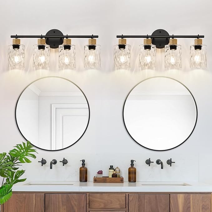MOKATNG Bathroom Light Fixtures, 4-Light Coastal Vanity Lights with Crystal Glass Shade, Black Bathroom Wall Lamp for Mirror Kitchen Hallway Cabinet
