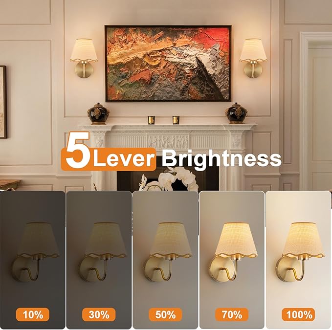 ADISUN Battery Operated Wall Sconce Set of 2, Gold Wall Lamps Rechargeable Bulbs for Living Room, Rattan Shade Wireless Wall Lights for Bedroom Living Room Hallway Kitchen(2 Bulbs Included)