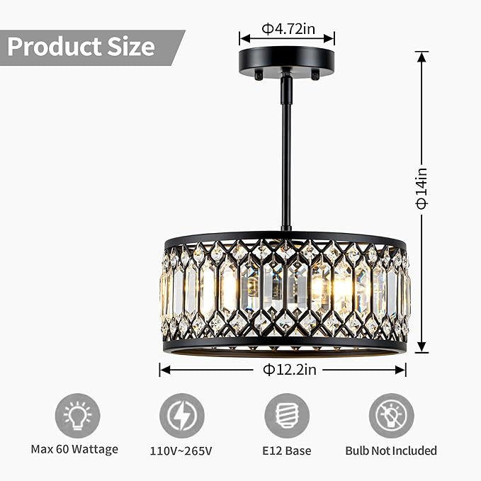 Crystal Black Ceiling Light, Modern Light Fixture Ceiling, Chandelier for Living Room Dinning Room Bedroom Walk-in Closet 3-Light 12.2 Inch