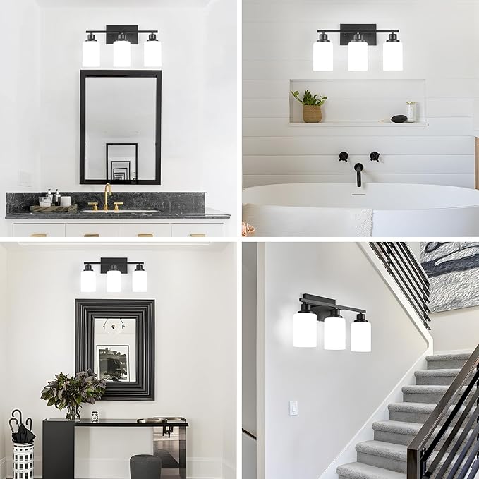 3-Light Black Bathroom Light Fixture Over Mirror,Modern Farmhouse Vanity Light,Wall Sconces with Milky White Glass Shade for Bathroom,Bedroom, Living Room,Staircase,Hallway E26